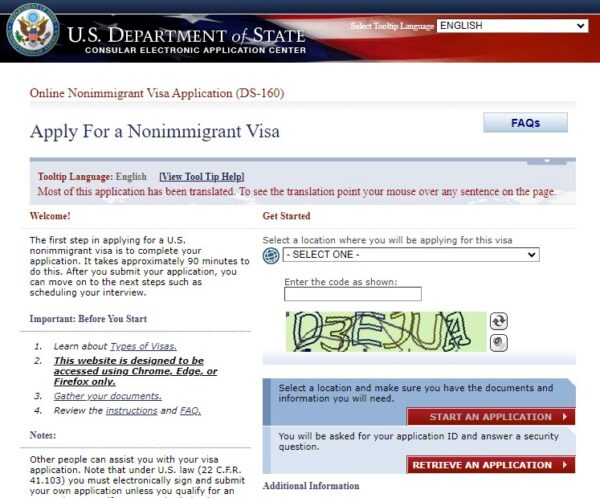 US visa DS-160 visa application